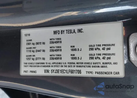 2020 Tesla Model 3 Performance Dual Motor All-Wheel Drive z USA, uszkodzony, nr VIN 5YJ3E1EC1LF601706